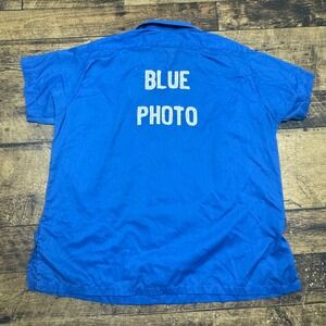 Hilton Blue Photo Work Shirt‎ Chain Stitch Donna Short Sleeve Button Up Size 40